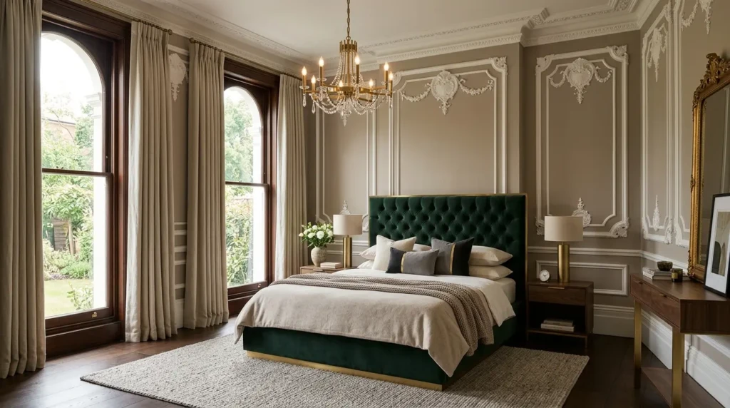 A modern Victorian bedroom with ornate wall moldings, velvet bed, brass accents, chandelier, and soft neutral styling.