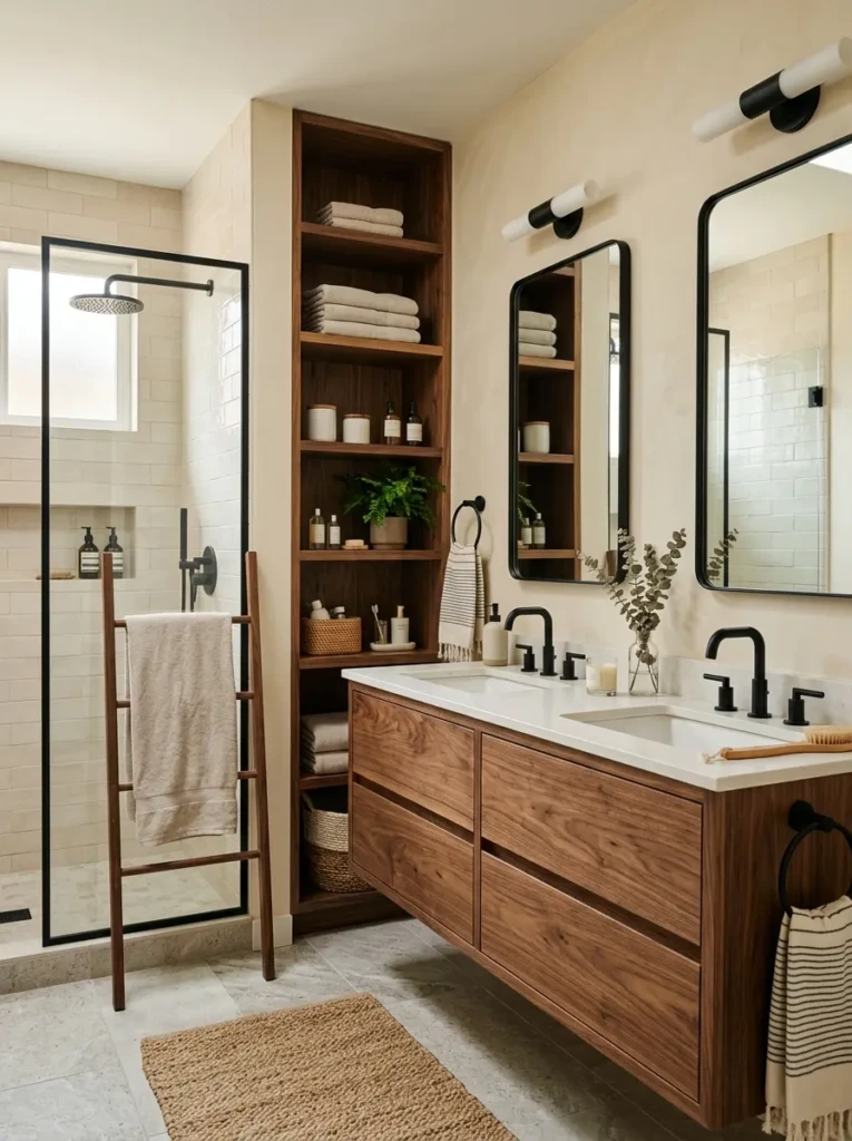 Walnut shelves, creamy walls, matte black fixtures, and warm wood textures creating a balanced cozy bathroom interior.