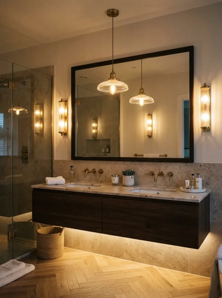 Bathroom mirror area with wall sconces, under-vanity LED strips, and pendant lighting for elegant layered illumination.