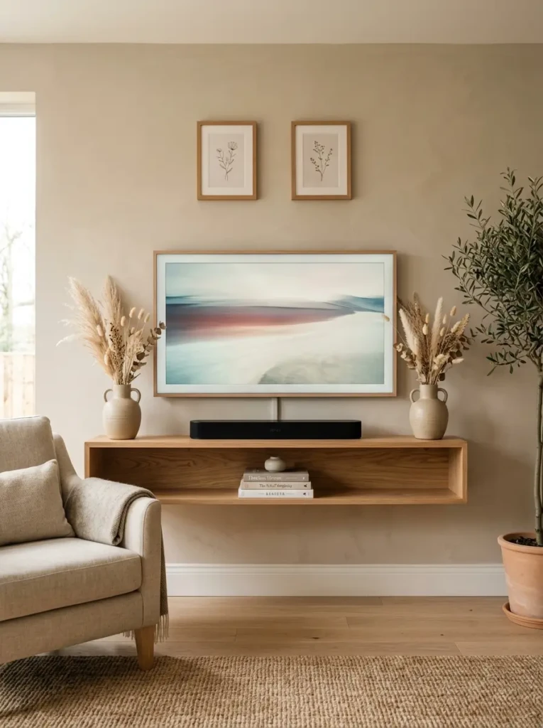 A floating TV shelf with matching ceramic vases on both ends creating a calm and elegant symmetrical layout.
