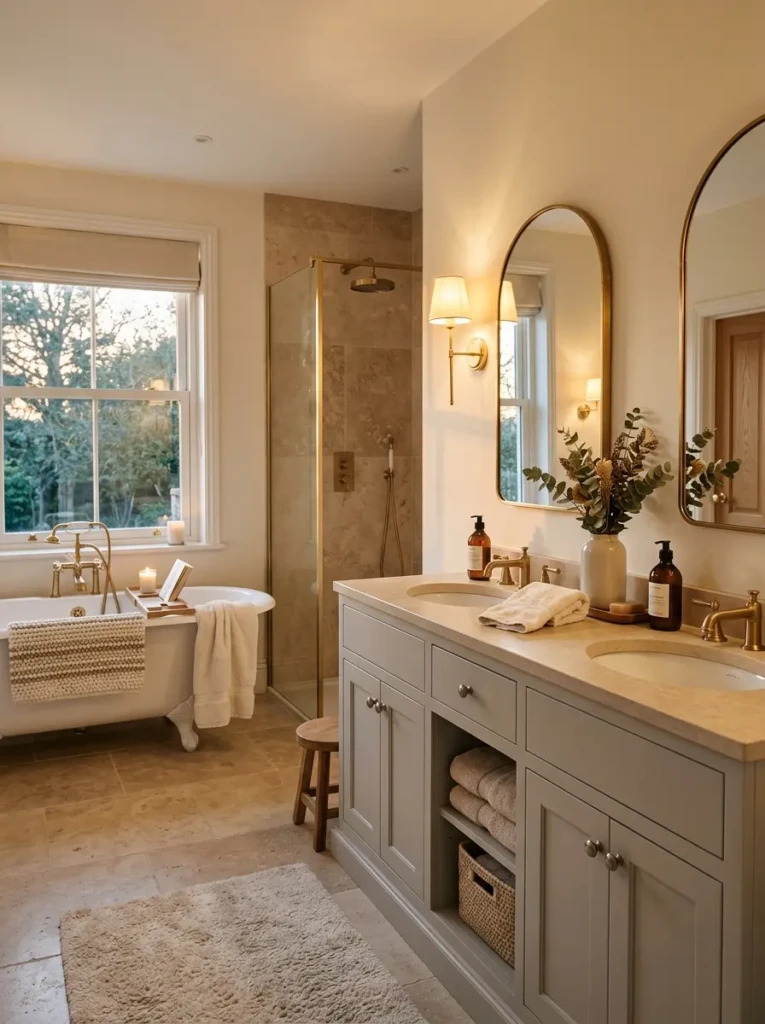 Bathroom interior with ivory walls, beige stone tiles, soft gray cabinetry, and warm lighting in a timeless cozy palette.