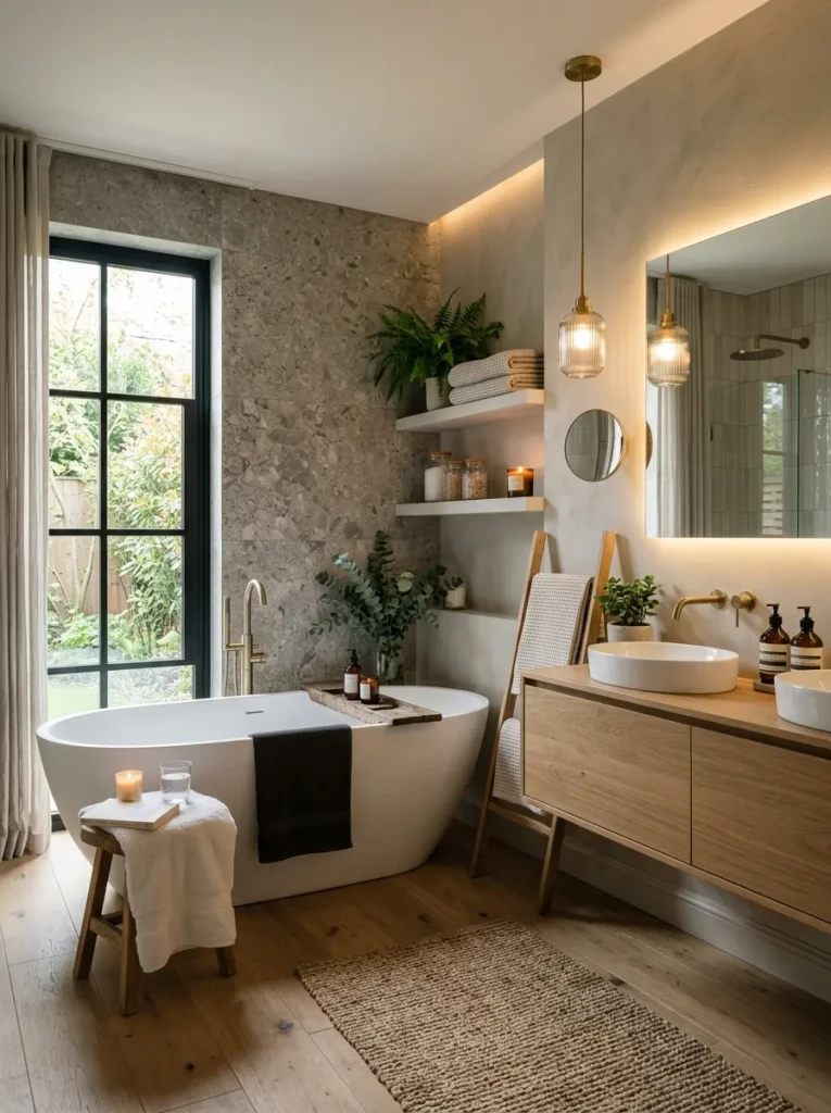 Bathroom mood board collage with wood accents, oversized mirror, warm lighting, and textured neutral decor.