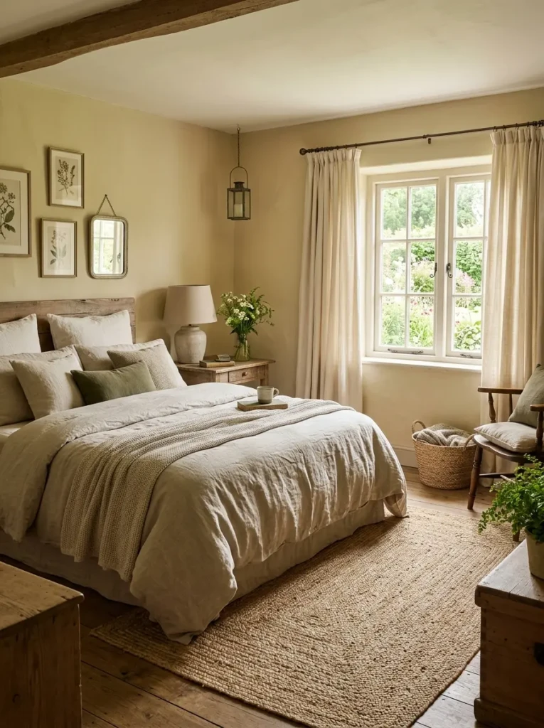Cottage bedroom with linen bedding, cotton curtains, and jute rug