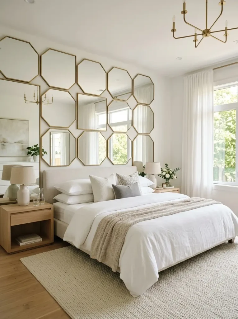 A bedroom with large decorative mirrors behind the bed reflecting light and making the space feel bigger