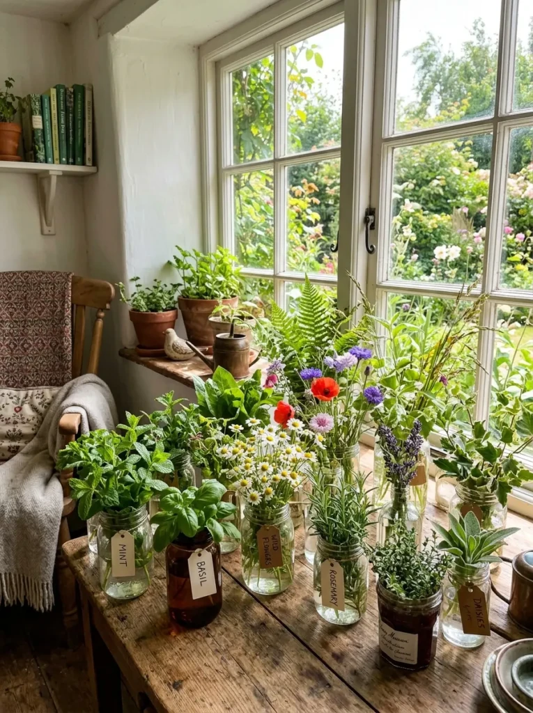 Bright room filled with potted plants and wildflowers in glass jars