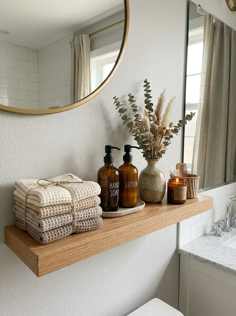 Bathroom shelves with neutral towels, matching soap dispensers, decorative vase, and clutter-free styling.