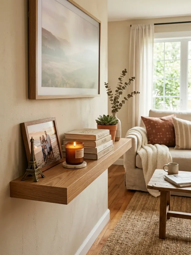A cozy floating TV shelf styled with a framed photo, travel keepsake, candle, and neutral books.