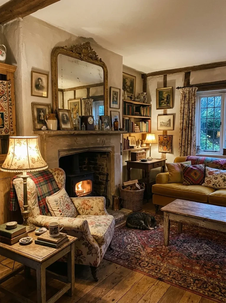 Living room with antique mirror, lamp, and charming vintage decor elements
