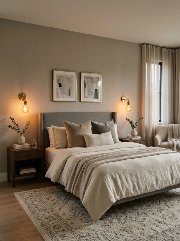 A bedroom with wall-mounted sconces above the bed creating a warm and elegant lighting effect