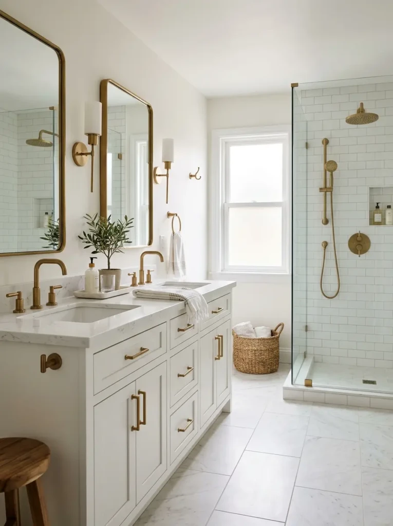 Bathroom interior with coordinated brass faucet, drawer pulls, and shower details for a cohesive finished look.