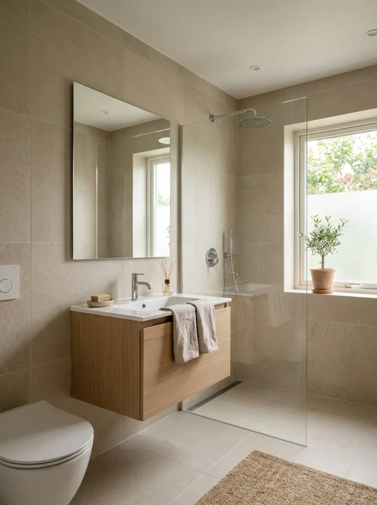 Compact bathroom using continuous large limestone-look tiles from floor to wall for a visually spacious finish.