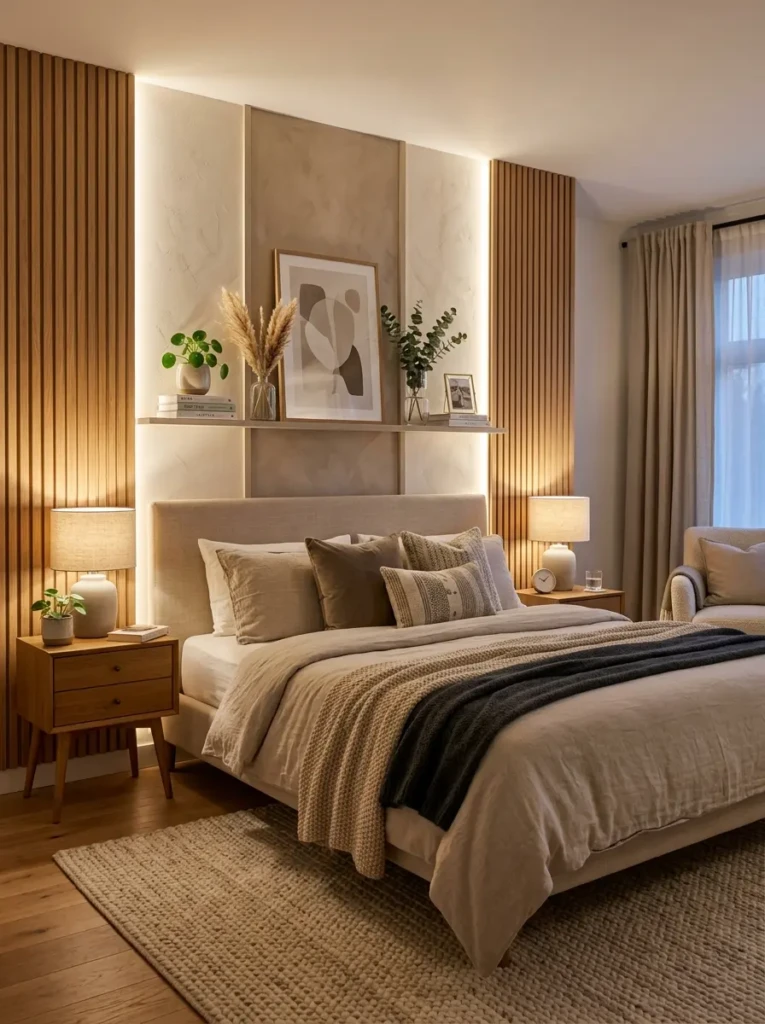 A cozy bedroom with a beautifully designed back wall, soft lighting, and warm decor creating a calm and personalized space