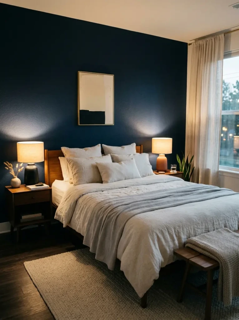 A cozy bedroom with a dark navy accent wall behind the bed paired with light bedding and warm lighting