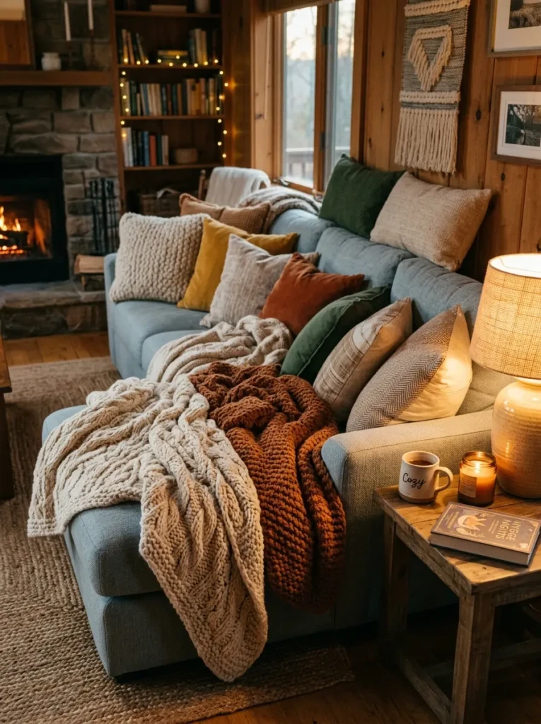 Sofa with multiple cushions and chunky knit throws creating a warm cottage feel