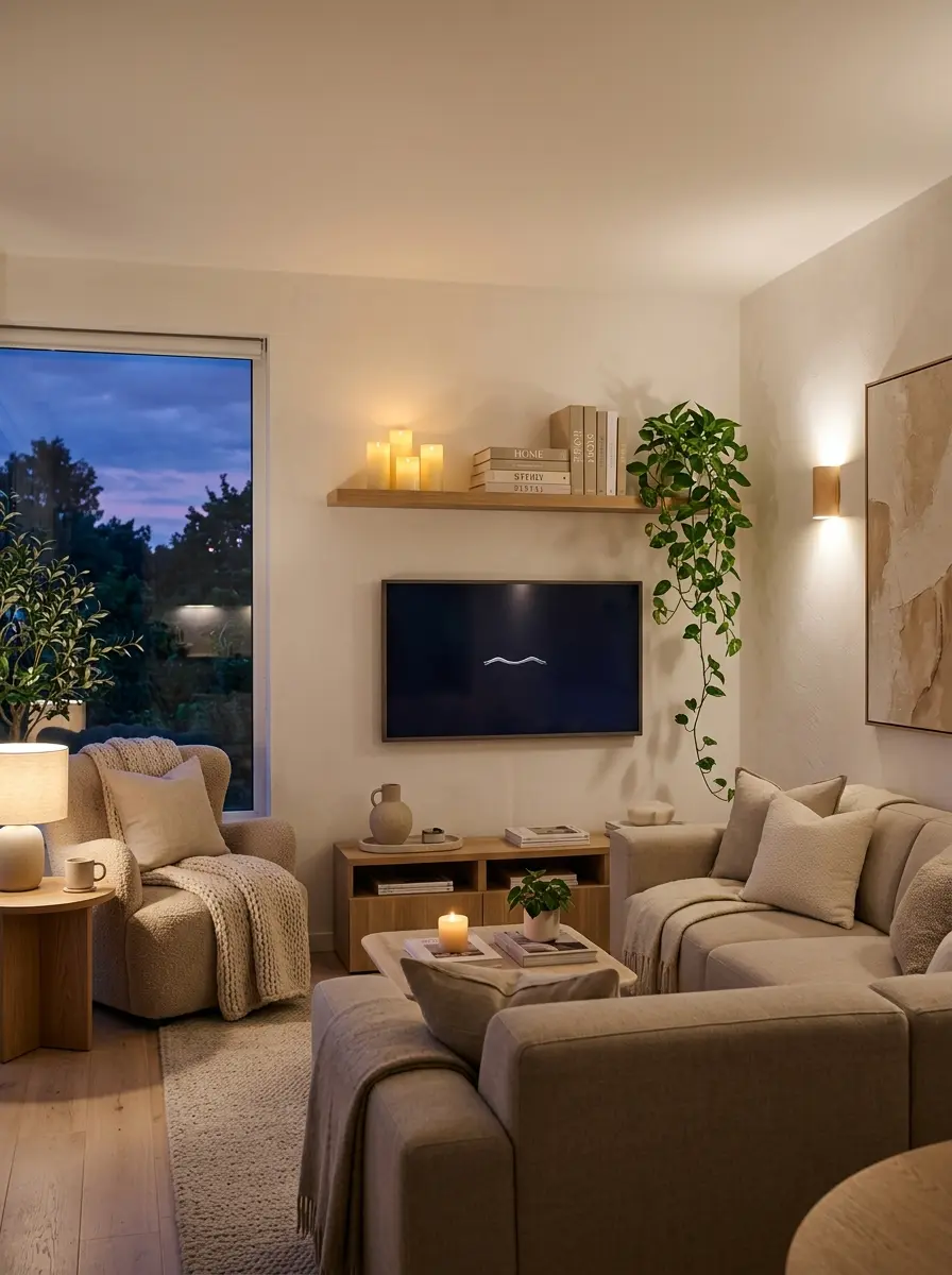A cozy modern living room with a wall-mounted TV above a floating wood shelf styled with candles, books, and trailing greenery.
