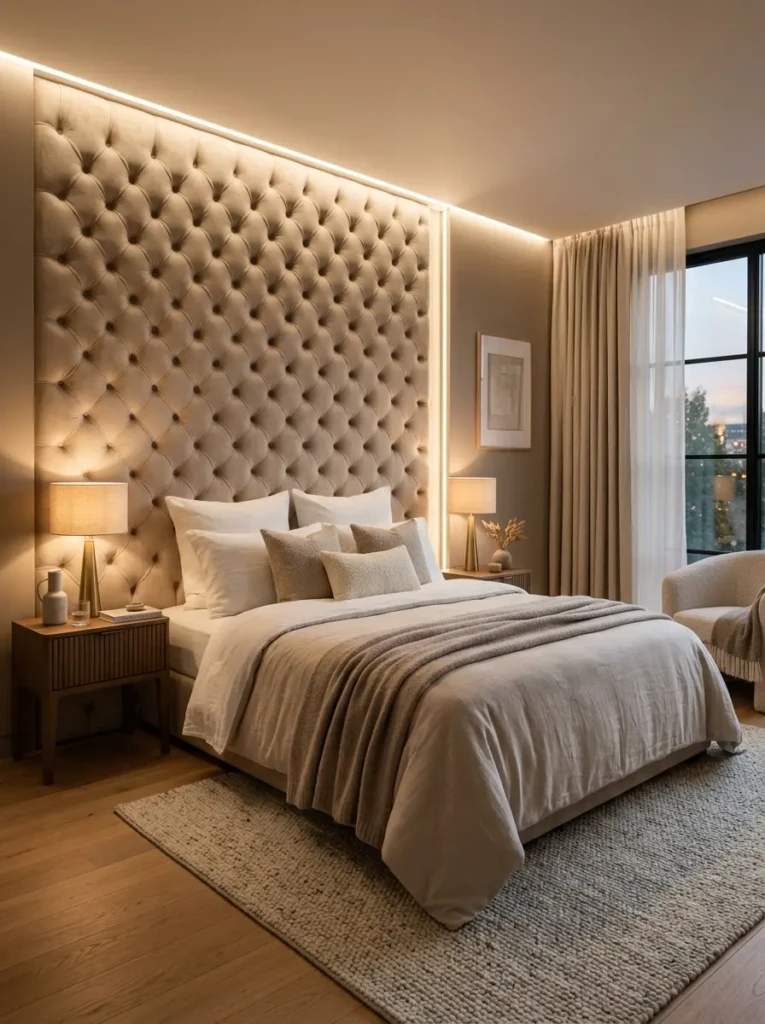A cozy bedroom featuring a full-wall upholstered velvet headboard in soft neutral tones with warm ambient lighting