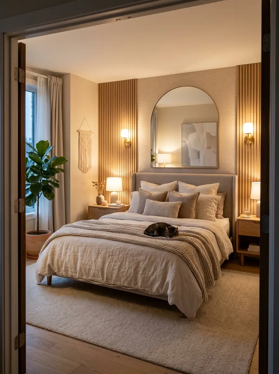 A warm and inviting bedroom with a stylish back wall design, soft lighting, and cozy neutral decor creating a relaxing atmosphere