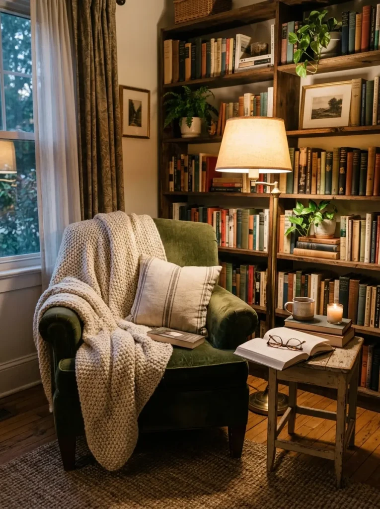 Comfortable armchair with throw blanket and books in a peaceful reading corner