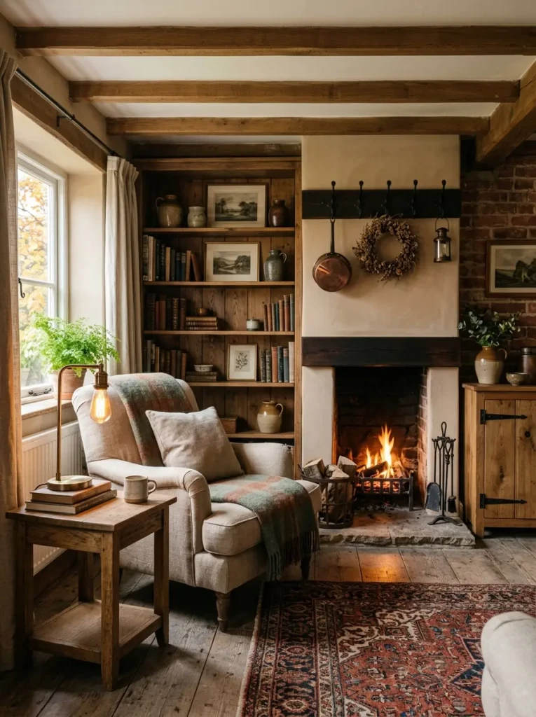 Cozy room featuring brass lamp and metal decor elements balanced with wood