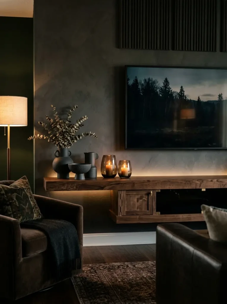 A dramatic floating TV shelf with charcoal ceramics, smoked glass, and dark walnut wood in a cinematic living room.