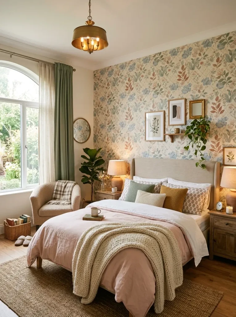 A bedroom with decorative wallpaper behind the bed showcasing soft floral patterns and cozy styling