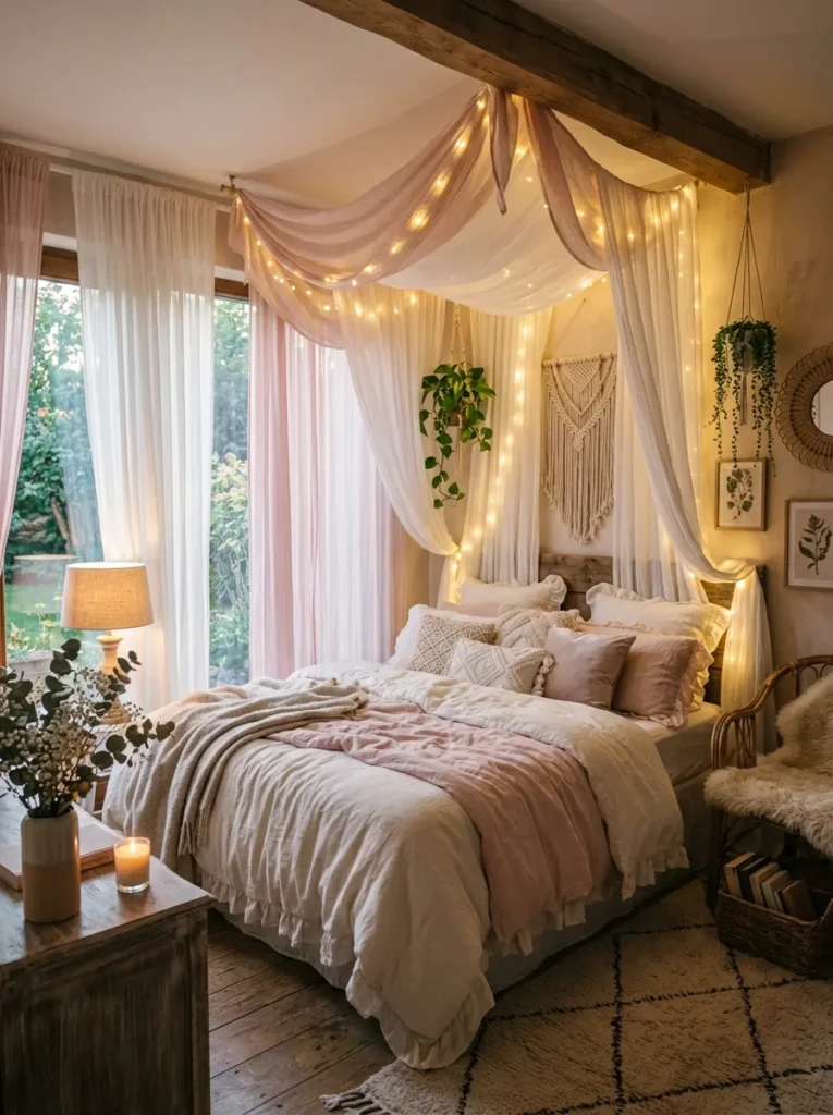 A romantic bedroom with sheer fabric draped behind the bed creating a soft and airy atmosphere