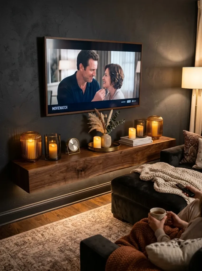 A walnut floating TV shelf decorated with glowing LED candles, amber glass holders, and brass accents in a cozy living room.