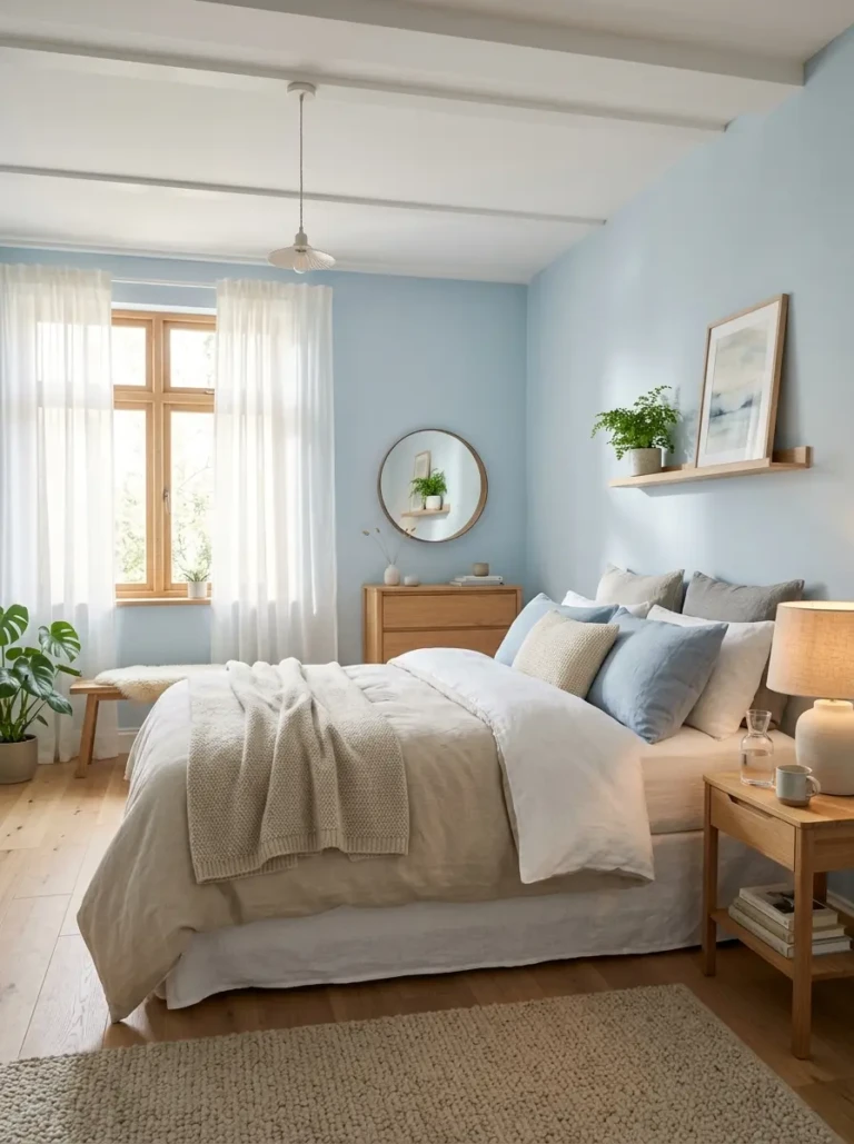 Light blue bedroom with soft pastel walls, cozy layered bedding, and sheer curtains creating a calm, airy, and relaxing atmosphere