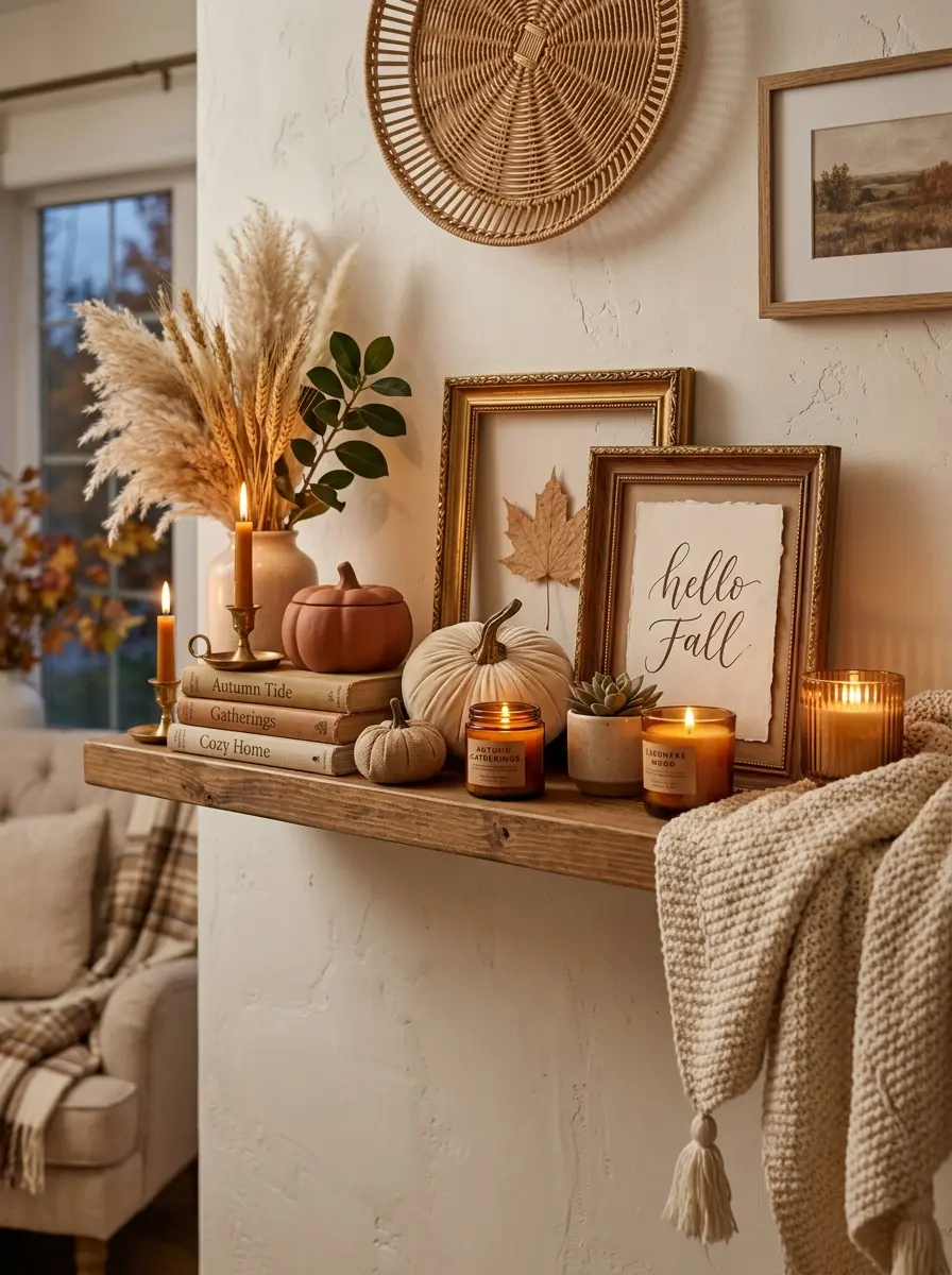 A dreamy autumn floating shelf with pampas grass, glowing candles, vintage frames, and warm neutral seasonal decor.