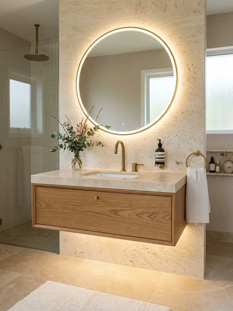 Floating oak bathroom vanity with creamy countertop, brass faucet, and glowing round mirror as the main design focal point.