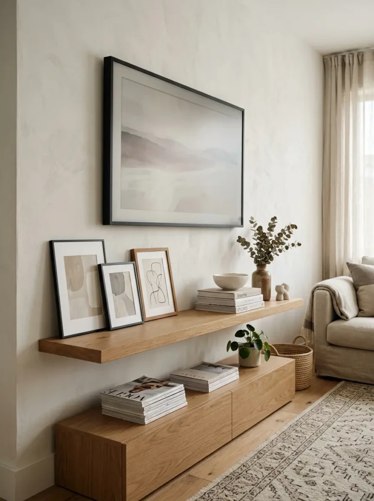 A floating shelf beneath a TV styled with small leaning abstract art prints, books, and ceramic accents.