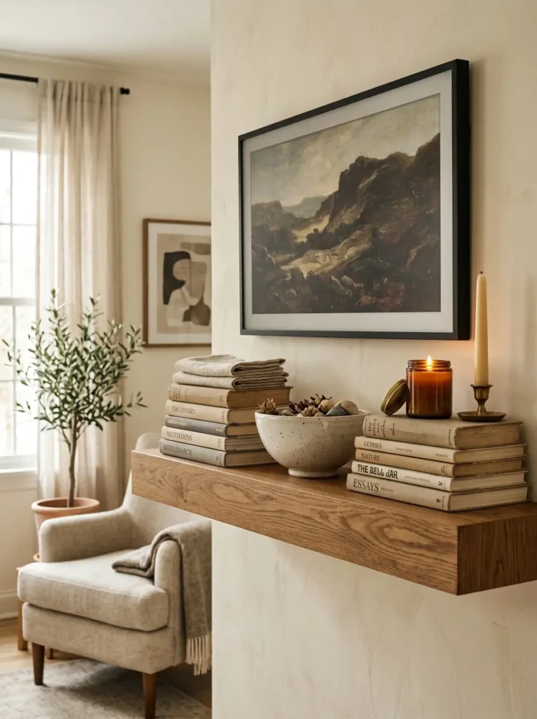 A floating TV shelf decorated with stacked linen books, a ceramic bowl, and candle accents in soft neutral tones.
