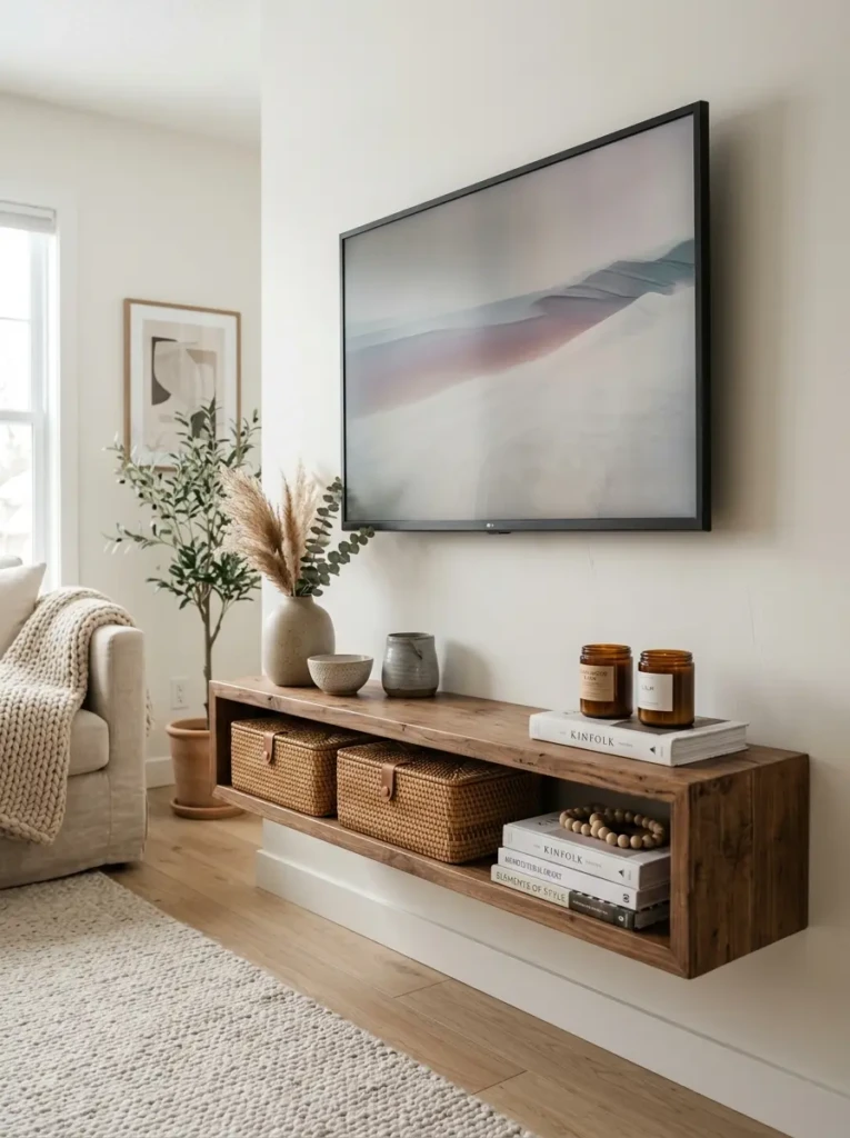 A floating TV shelf with woven storage boxes, candles, and ceramics keeping the TV wall stylish and clutter free.