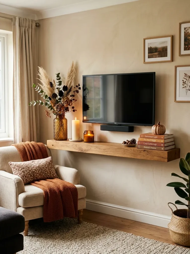 A floating TV shelf styled with dried stems, amber glass, candles, and seasonal warm-toned decor accents.