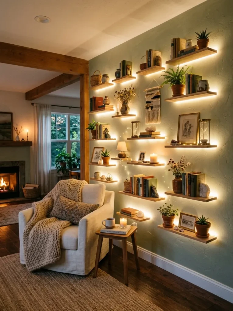 A warm room featuring multiple beautifully styled small floating shelves with charming timeless decor.