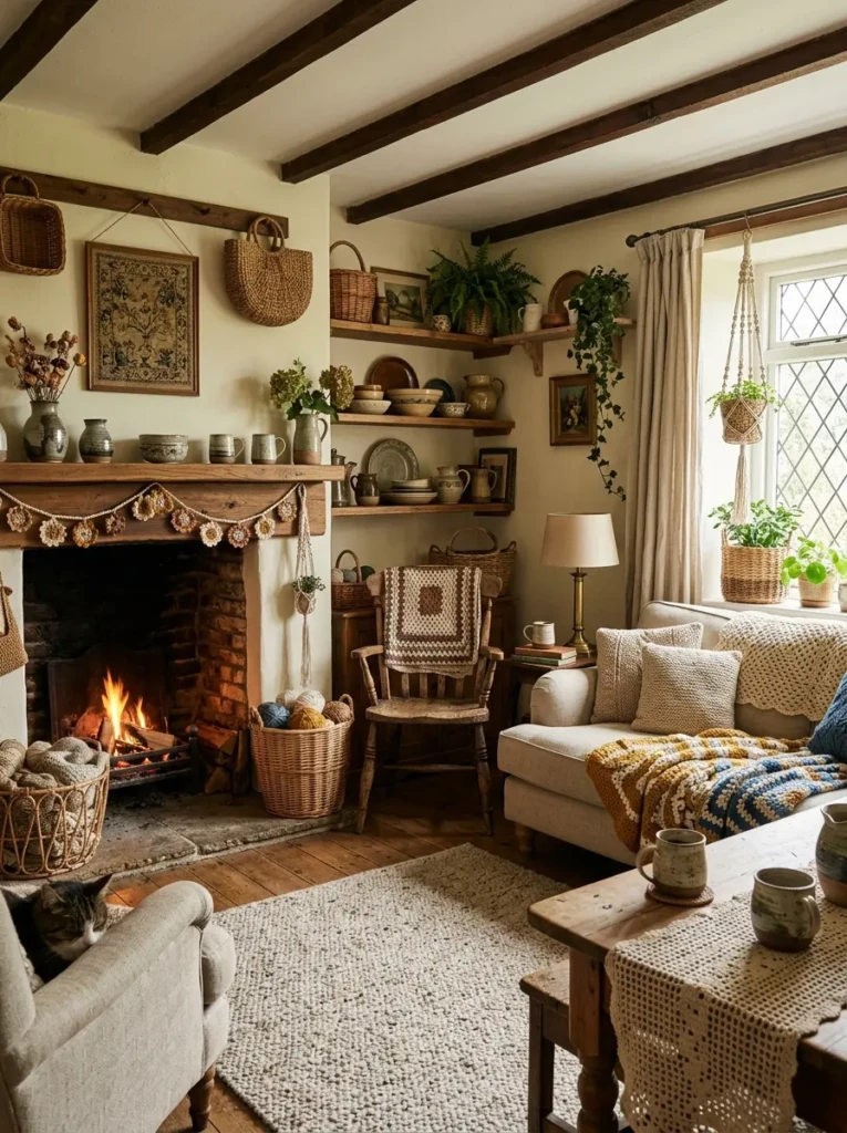 Cottage home styled with woven baskets, pottery, and handcrafted decor items