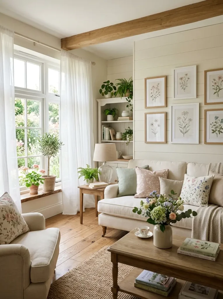 Airy room with soft floral cushions and botanical prints in cottage style