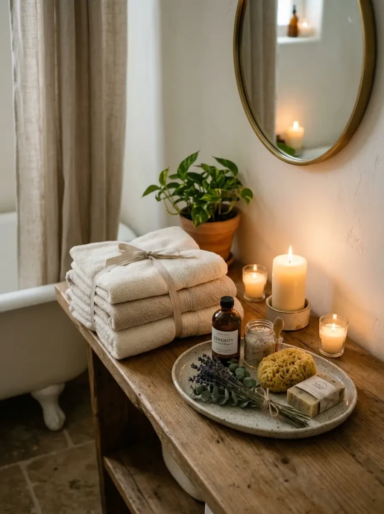 Elegant bathroom corner with candlelight, folded towel stack, and minimal wellness accessories creating a retreat vibe.