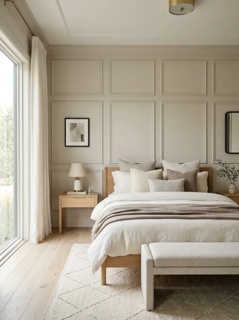 A bedroom with subtle panel molding on the back wall painted in soft neutral colors for a refined look