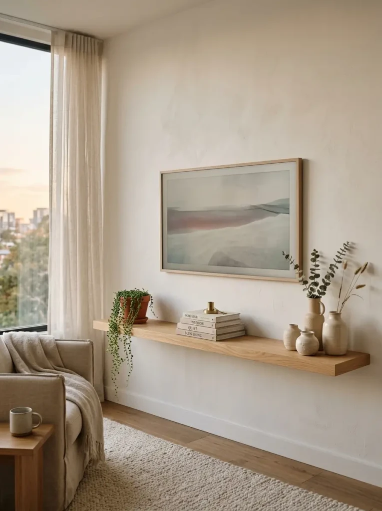 A floating oak TV shelf styled with beige ceramics, neutral books, and a small plant in a warm minimalist living room.