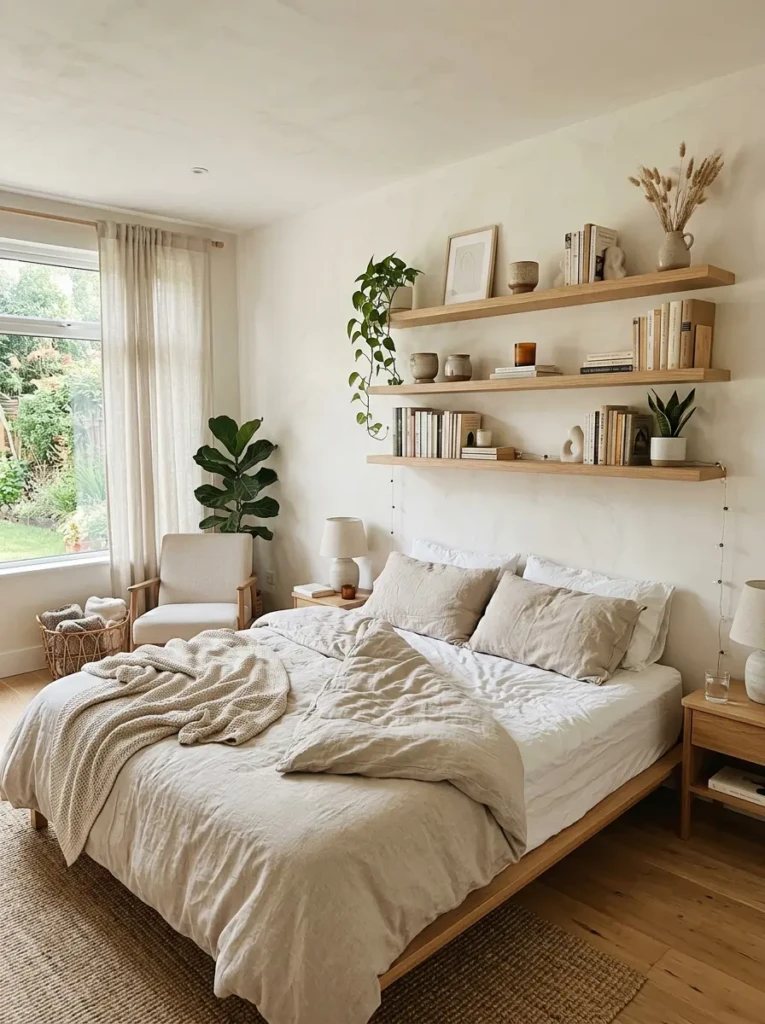 A bedroom with floating shelves above the bed styled with books, plants, and decorative pieces