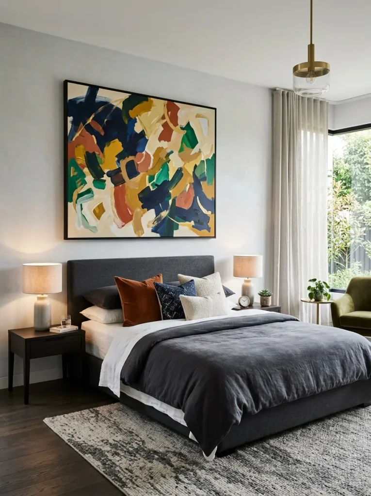 A bedroom with a large statement artwork above the bed adding a bold and stylish focal point