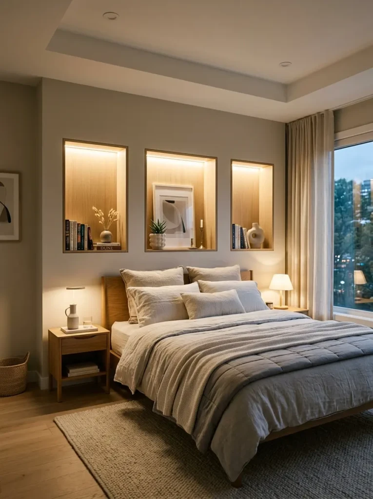 A bedroom featuring built-in niches behind the bed with soft lighting and decorative items