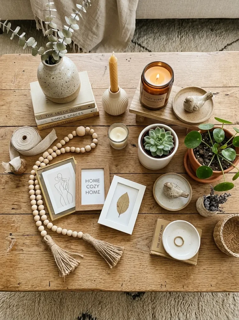 A flat lay of mini frames, candles, plant pots, and ceramics arranged for small floating shelf decor inspiration.