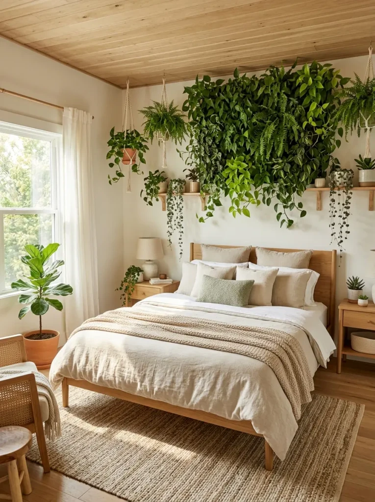 A bedroom with plants and greenery arranged behind the bed creating a fresh and calming environment