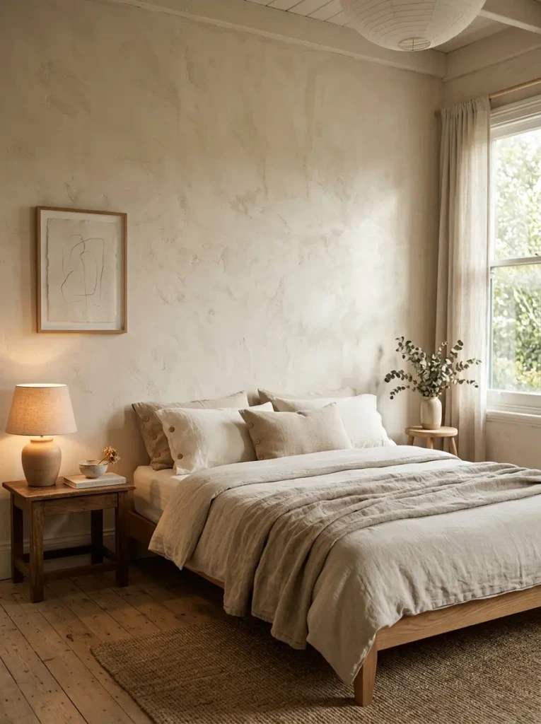 A bedroom featuring a textured limewash wall behind the bed with soft lighting enhancing the surface details