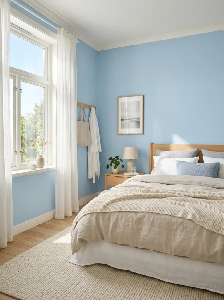 Light blue bedroom with soft sky-blue walls, warm white trim, cozy neutral bedding, and natural sunlight creating a calm atmosphere