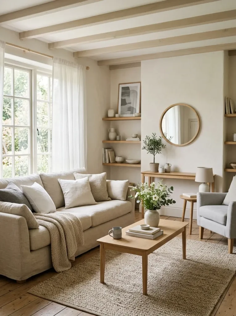 Living room styled with soft neutral tones, beige sofa, and natural wood furniture