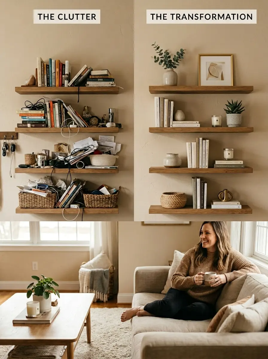 Side-by-side comparison of messy floating shelves and beautifully styled airy neutral shelves in a cozy living room.