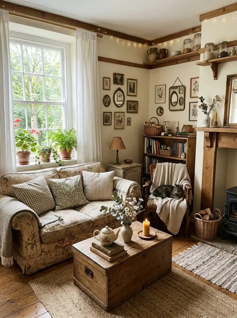 Small apartment decorated with budget-friendly cottage decor including layered fabrics and wood accents